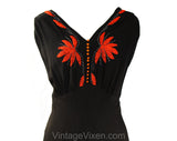 Size 6 Black 1930s Evening Dress with Gorgeous Red Beading - Art Deco Tropical Leaves Beadwork - Late 1920s Early 30s Flapper Party Gown