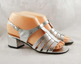 Size 5 Sandals - Silver 1970s Strappy Shoes - Metallic Snakeskin Pattern - Ankle Strap Heel - Open Toe - 70s Deadstock - 5 M - 47872-3