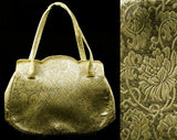50s Evening Handbag - Gold Floral Metallic Brocade 1950s Marilyn Formal Bag - Scrollwork Leafy Motif - 2 Handles - Satin Lining & Coin Purse