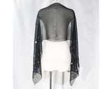 50s Polka Dot Scarf - Black Sheer Chiffon Long Rectangular Wrap - Turquoise Blue & Metallic Gold Rayon - 1950s 1960s Pin-Up Girl Bobby Soxer