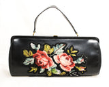 1950s Black Leather Purse with Needlepoint Roses - 50s Handbag with Antique Inspired Applique - Mid Century Feminine Bag - 50241