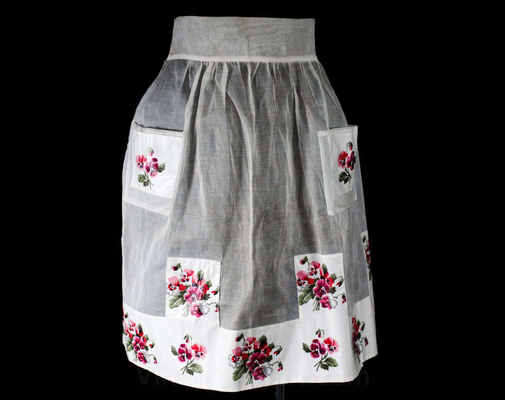 Violet Pansy Print 1950s Apron - Sheer White Cotton Half-Apron with Botanical Spring Flowers Chintz - Size XS to Small - 40s 50s Tea Party