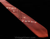1940s Men's Tie - 30s 40s Novelty Barber Shop Print with Pleated Detail - Cocoa Brown Mint Green Red Crepe Mens Necktie - As Is Faded