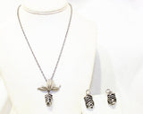 Pine Cone Necklace & Earrings Set - 50s 60s Mid Century Elegant Pendant Demi Parure - Silver Hue Metal - Charming Woodland Rustic Pinecones