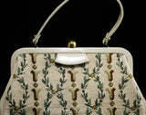 1960s Needlepoint Handbag - Laurel Wreath Vines Purse - 60s Elegant Tapestry Style Bag - Beige Green Taupe - Grecian Greek Neoclassical