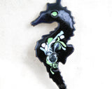 1950s Seahorse Pin - Black Enamel Sea Horse Brooch with Blue Mint Green & White Swirls - Atomic Era 50's Beachy Sea Life Fish - Copper Back