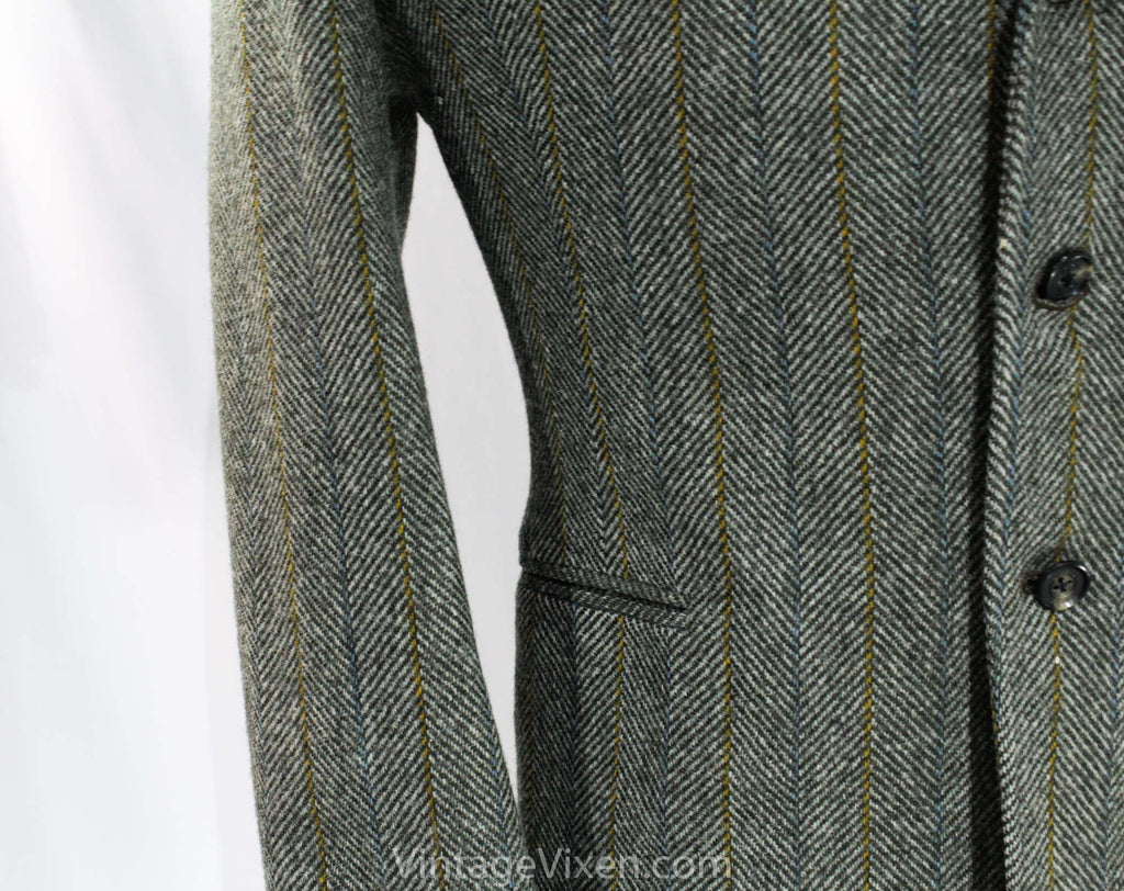 Men's 1960s Suit Jacket - Small to Medium - Gray Herringbone Wool