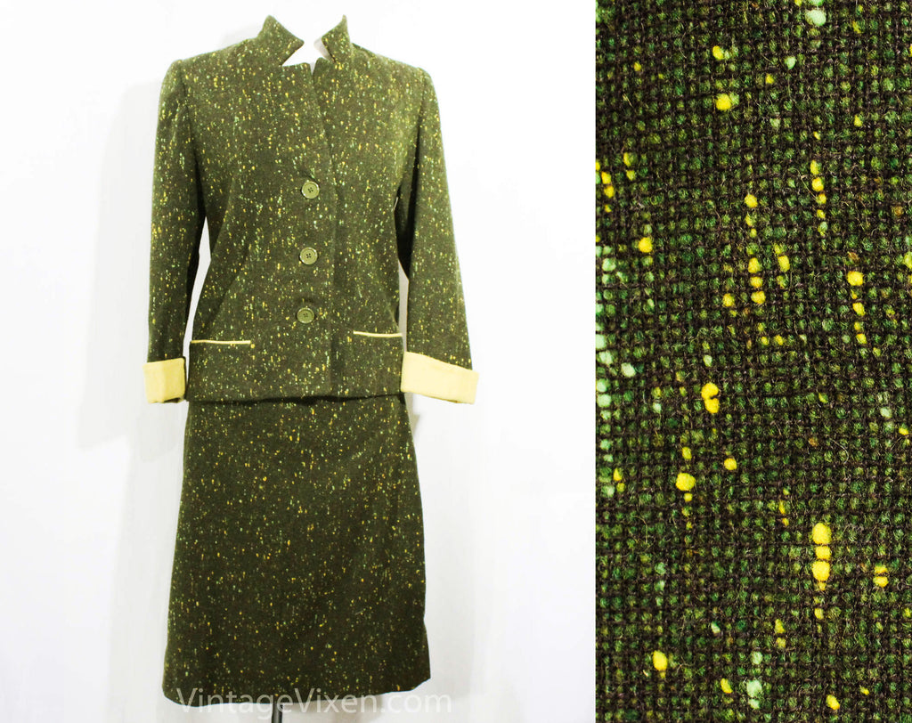 Size 4 Tweed Suit - 1950s Green & Maize Yellow Jacket and Skirt - Wonderful Flecked Wool - Gold Apple Spinach Sage - Spring Fall - Bust 37