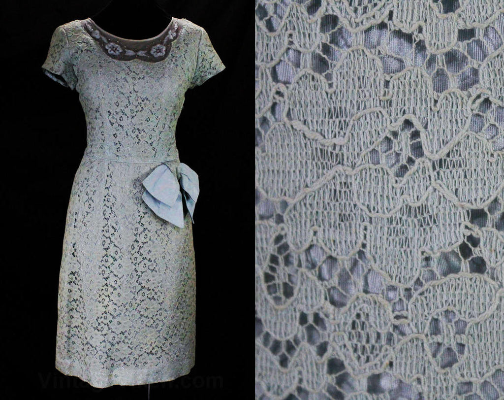 Size 6 Lace Cocktail Dress - 1950s Powder Blue Fitted Special Occasion Dress with Sheer Beaded Bodice - Short Sleeve - Swag Bow - Waist 26.5