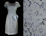 Size 6 Lace Cocktail Dress - 1950s Powder Blue Fitted Special Occasion Dress with Sheer Beaded Bodice - Short Sleeve - Swag Bow - Waist 26.5