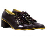Size 5.5 1960s Shoes - Slick Dark Brown Mod 60s Oxford Pumps with Brass Lace Up - Glossy Wet Look Rounded Toe Go-Go Girl Heels - 5 1/2 M