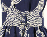 Size 6 Couture Quality Dress - Navy Blue & White Mod Floral 60s Silk Chiffon - 1960s Cocktail with Corset Lace-Up - Long Sleeve - Bust 33.5