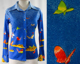 Size 10 Butterflies Print 1970s Shirt - Medium - Long Sleeved 70s Casual Top - Butterfly - Vivid Bright Blue Novelty Print - NOS Deadstock