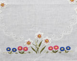 Charming Lilies Tablecloth - Day Lily & Daisy Flowers Hand Embroidered Square Linen and Cotton German Table Cloth - Pink Blue White Yellow