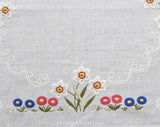 Charming Lilies Tablecloth - Day Lily & Daisy Flowers Hand Embroidered Square Linen and Cotton German Table Cloth - Pink Blue White Yellow