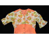 Girl's Size 12 Mini Dress - 1960s 70s Peach Summer Go Go Style - Quaint Playful Children's Garden Novelty Print - Puff Sleeves - PreTeen