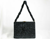 40s Beaded Box Bag - Daisy Motif Formal Purse - Midnight Silver Gray Glass Beads - Swing Style 41381