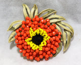 Vendome Brooch & Earrings - Orange 1960s Beaded Flowers - Tangy Summer Colors - Designer 60s Demi Parure - Hand Wired Beads - 50593