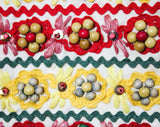 Size 10 Full Skirt - Red Cotton Folk Dirndl Beaded Border - 1950s 1960s Gypsy Boho Beadwork Panel - Rick Rack Wooden Beads Raffia - Waist 29