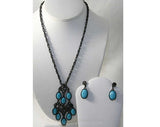 Bohemian 1970s Pewter Turquoise Blue Necklace & Earrings - Fall 70s Boho Demi Parure - Striking Southwest Tribal Abstract Metalwork - 38501