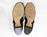 Size 5 Black Mary Jane Shoes - 1950s Suede Rounded Toe Strap with White Stitching - 5B 50's Swing Style Deadstock - Stacked Wooden Heels
