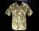 Men's Large Paisley Shirt - 1950s Novelty Print Mens Shirt - Hawaii Style Lounge Wear - Tiki Feathers Cotton - Khaki Beige & Blue - Chest 46