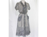 Size 6 1940s Dress - Sheer Nylon Summer Frock - Late 40s Early 50s Short Sleeve - Navy Blue & White Fish Scales Novelty Print - Waist 26