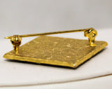 Black & Gold Asian Bird Brooch - Beautiful Square Etched Metal Pin - Antique Victorian Look Made in the 1950s 60s - Antique Heirloom Style