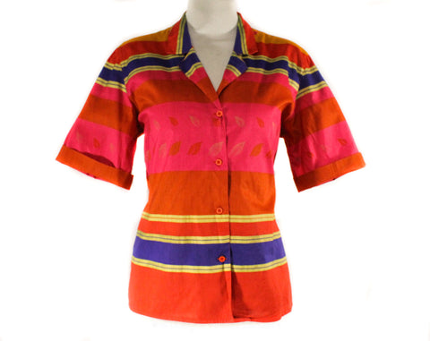 Size 10 Vivid Striped Shirt - 1980s Cotton Short Sleeve Summer Top - 80s Tropical New Wave - Pink Orange Purple Gold Blouse - Bust 38.5