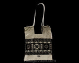 1960s Fiji Souvenir Tote Bag - Khaki Cotton 60s 70s Shoulder Purse - Primitive Novelty Print with Rope Straps & Tassel - Paper Bag Shape
