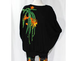 Small Cactus Novelty Print Outfit - Sexy Slinky Black Knit Cocoon Tunic & Matching Leggings - 1980s Pant Set Made in France - Hip 34 to 36