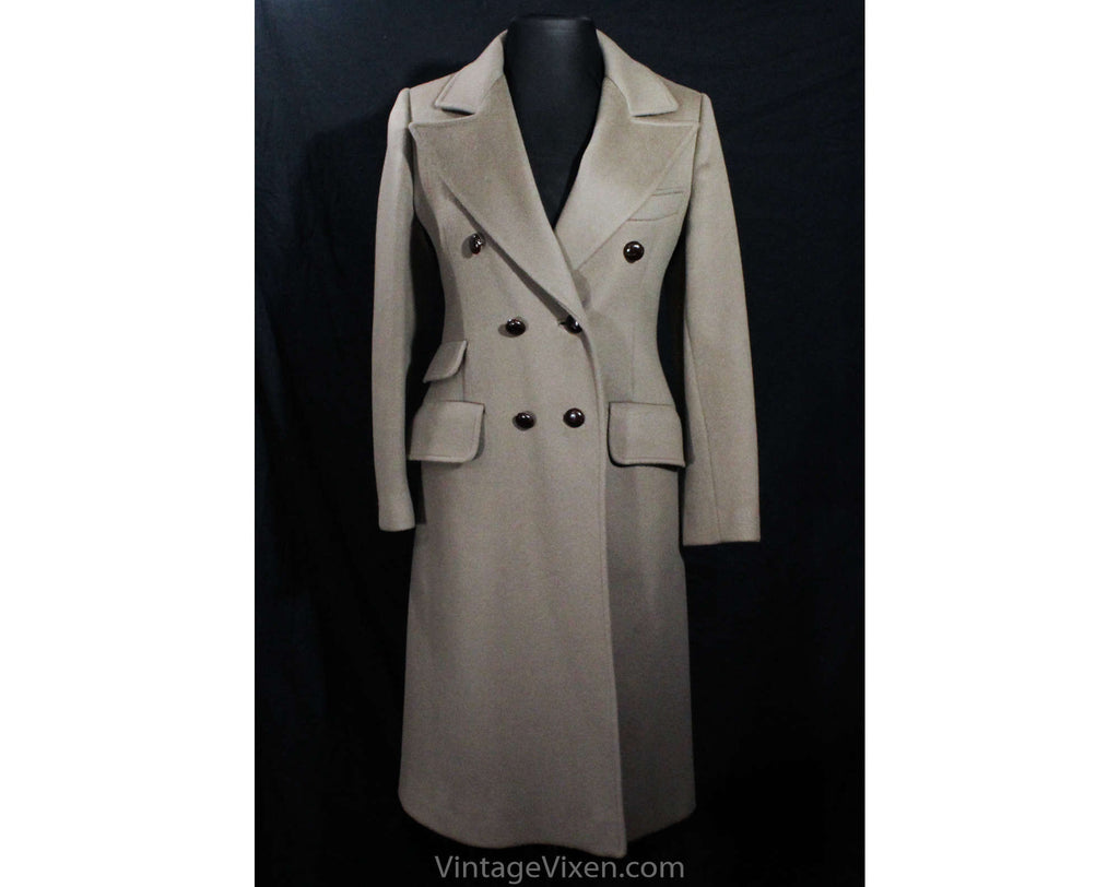 Size 6 Classic Wool Coat - Small 70s 80s Taupe Gray Winter Ladies Overcoat - Knotted Brown Leather Buttons - Fall Autumn Winter - Bust 35