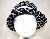 Sassy 60s Navy & White Hat - Mod Striped Bucket Style 60s Summer Cloche with Ribbon Bow - Sharp Convertible Brim - Plaid Look Weave
