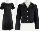 Size 12 Black Dress Set - Metallic Silver Twinkling Black Satin - 1960s Short Sleeved Sheath & Jacket - Chic 60s Evening Suit - Bust 38