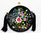 Asian Bird Evening Purse - 60s 70s Formal Handbag - Beautiful Embroidery - Fine Black Satin Bag with Shoulder Strap - Turquoise Pink Orange