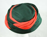 1940s Hat by Lilly Dache - Late 40s New Look Forest Green Felt Saucer with Coral Orange Knit Turban Style Trim - Paris New York Label