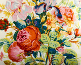 Botanical Floral Pillow - Burnt Orange Chartreuse Pink Blue Roses Iris Poppy Pansies & Ferns - 1960s 1970s - 16 1/2" Square Fine Cotton