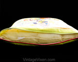 Botanical Floral Pillow - Burnt Orange Chartreuse Pink Blue Roses Iris Poppy Pansies & Ferns - 1960s 1970s - 16 1/2" Square Fine Cotton