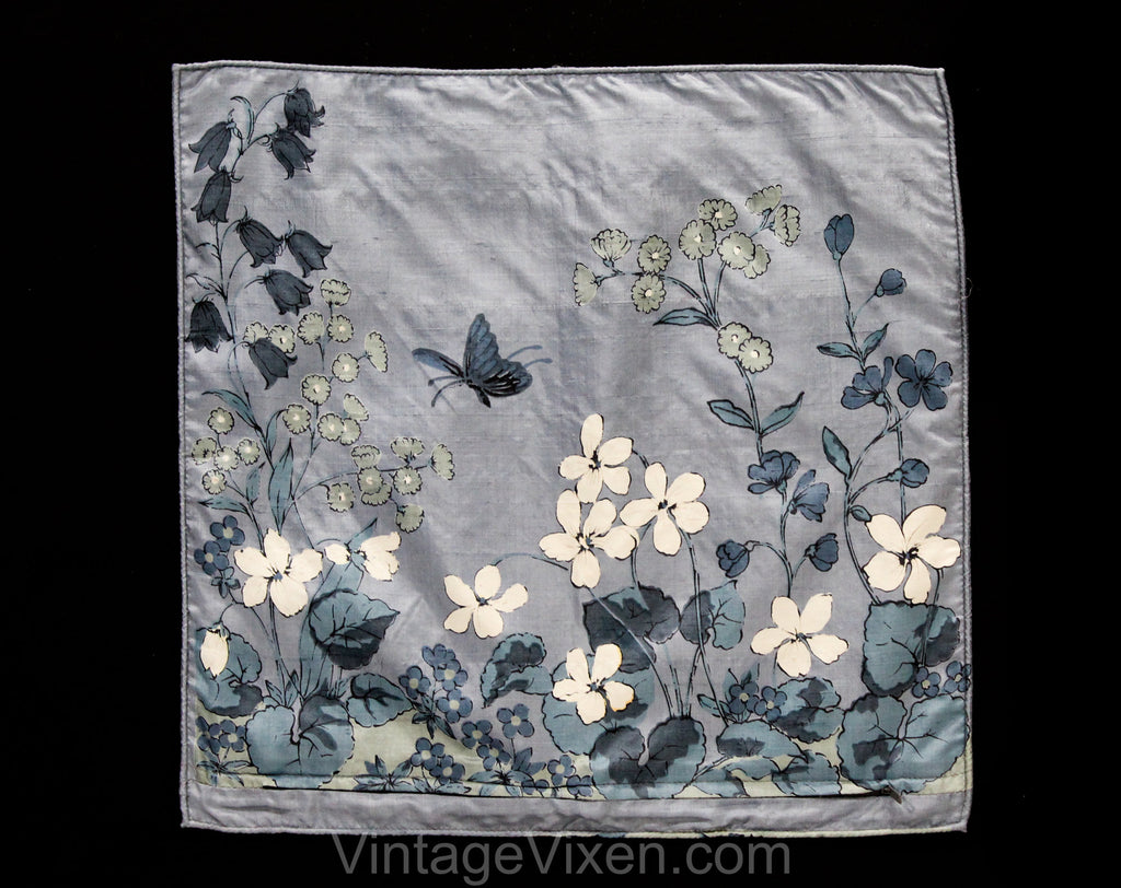 Asian Silk Pillow Case - 70s Butterfly Meadow Novelty Print - Botanical Blue Gray White Flowers - Square 16 Inch Decorator Pillowcase Cover