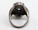 Size 5 Sterling Ring - Large Victorian Edwardian Revival Style - 1960s 70s Ornate Ring with Aqua Blue Stone & Marcasite 1900s Filigree Look