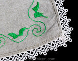 Spearmint Green Embroidered Tablecloth - Oatmeal Natural Linen with Leaves Embroidery & Cotton Crochet Lace - Rustic Square in Spring Hues
