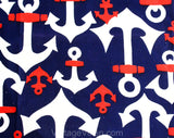 1960s Nautical Novelty Print Cotton Canvas Fabric - Over 2 Yards x 44 Inches - Red White & Navy Blue Anchors - 60s Summer Beach Party