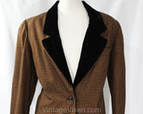 Size 12 Brown Wool Suit with Plush Black Velvet Collar - Designer Oscar de la Renta Jacket & Skirt - Autumn Fall Check Suiting - Waist 30.5