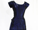 Size 8 1950s Cocktail Dress - Sapphire Blue Iridescent Shotcloth Taffeta - 50s Swagged Bustle & Pleats - Unusual Avant Garde - Waist 26.5