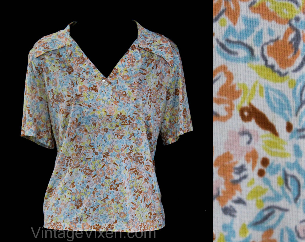 XL 1960s Floral Summer Top - Sweet 60s Peach, Blue, Yellow Floral Jersey Shirt - Size 16 Short Sleeve Blouse - Polo Neckline - Bust 42