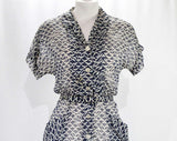 Size 6 1940s Dress - Sheer Nylon Summer Frock - Late 40s Early 50s Short Sleeve - Navy Blue & White Fish Scales Novelty Print - Waist 26