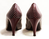 Size 6.5 Retro Heels - 40s Look Gray & Burgundy Leather Shoes - 1980s Retro Style - 1940s Inspired Shoe - Lattice Stitching - 6 1/2 M