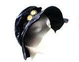 Soft Black Hat with Brass Buttons & Velvet Band - Furry Velvety Napped Felt - 1930s Look Floppy Brim Millinery - Mixed Eras - Eva NYC Label