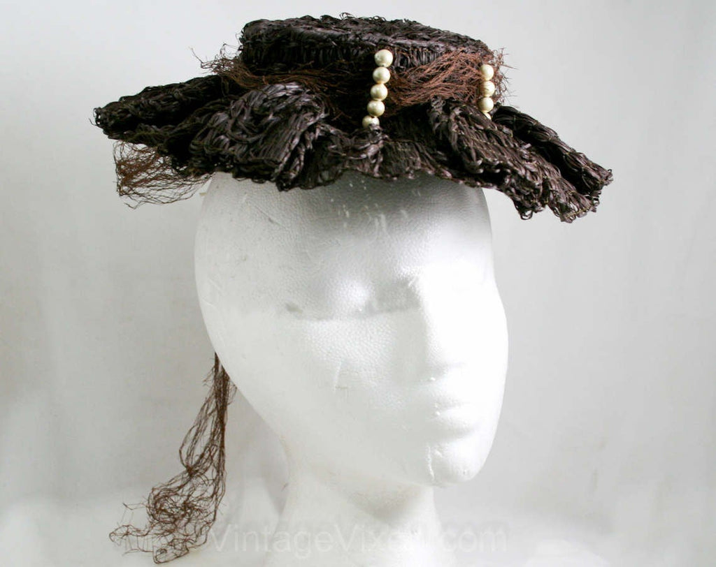 1940s Tilt Hat - Doll Hat - Seaside - Raffia - Pearls - Net - Brown - Rustic - Summer - NWT - Deadstock 41363