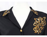 Size 6 1940s Blouse - Chic Black Crepe with Gold Sequined Emblem - WWII Era 40s Rayon Long Sleeved Shirt - Glam Sequin Top - Bust 34.5